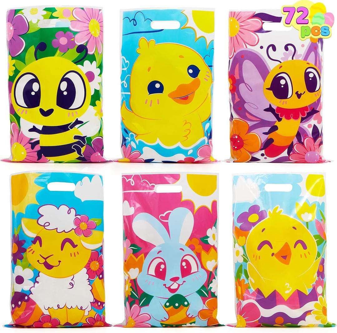 JOYIN 72 Pcs Easter Large Plastic Tote Bags, Easter Goodie Treat Gift Bags for Egg Hunt, Kids Party Favor Party Supplies(Animals and Flowers) (cute)