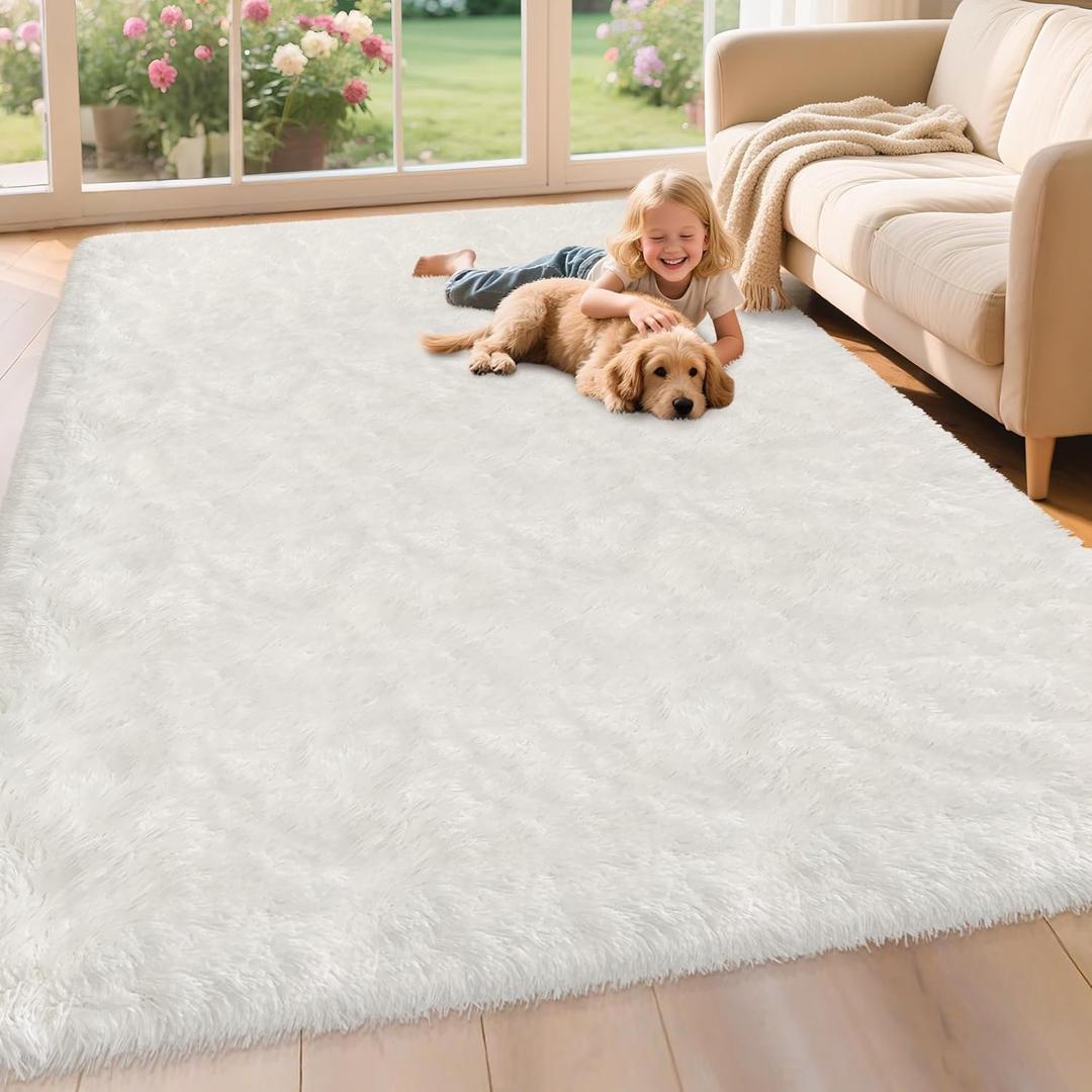 Fluffy White Area Rug for Living Room Bedroom Large Plush Area Rug 6x9 Shag Carpet for Kids Girls Boys Room, Soft White Fuzzy Rug for Nursery Playroom Dorm Bedside Home Decor Indoor