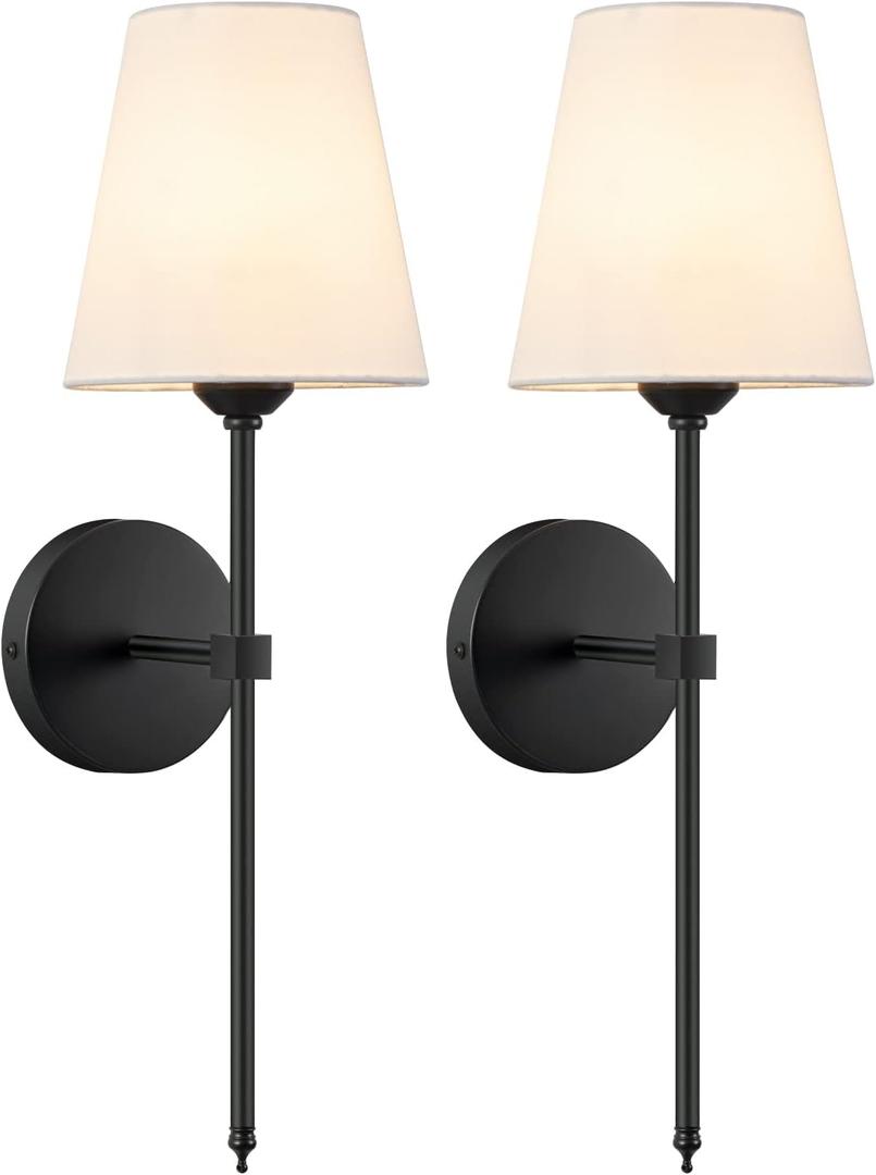 KUAUGST Wall Sconces Sets of 2, Retro Industrial Wall Lamps, Bathroom Vanity Sconces Wall Lighting with White Fabric Shade, Suitable for Bedroom Living Room Corridor Kitchen (Black1)