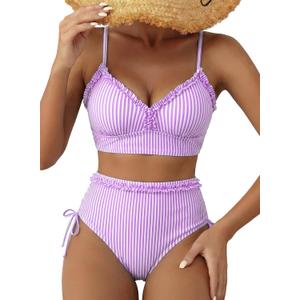 Herseas Women's Splice Ruffle Trim Bikini Sets Tie Side Swimsuits High Waisted Bathing Suits, XL