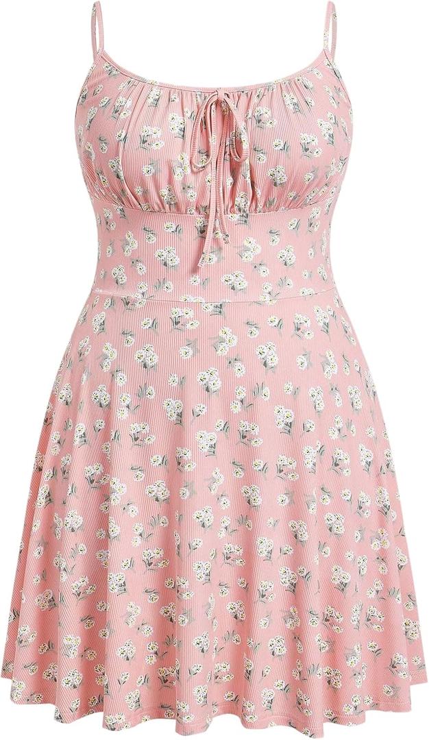 Verdusa Women's Plus Size Floral Summer Dresses Boho Short Sundress Holiday Cami Flowy Dress (XX-Large Plus, Pink)
