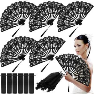 6 Pcs Lace Folding Handheld Fan for Wedding Cotton Embroidered Bridal Hand Fan with Bamboo Staves and Silk Tassels Vintage Retro for Guests Women Wedding Bridal Shower Party Favors (Black)