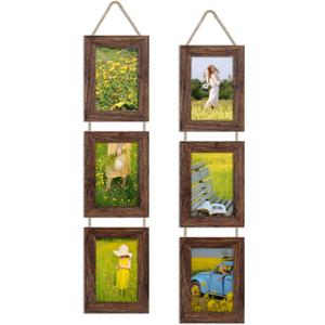4x6 Collage Picture Frames Set of 2, Rustic Wooden Real Glass Vertical Hanging 3 Opening 4 by 6 Photo Frame, Distressed Brown