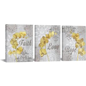 RnnJoile Yellow Bathroom Decor Wall Art Yellow and Gray Canvas Pictures Prints with Orchid Flowers Faith Love Hope Bedroom Artwork