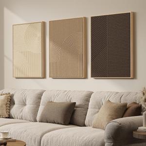 3D Textured Framed Boho Neutral Abstract Wall Art, 3 Piece Modern Minimalist Paintings Artwork for Walls, Brown Beige Tan Geometric Pictures for Living Room Dining Bedroom Office Wall Decor 16x24 In
