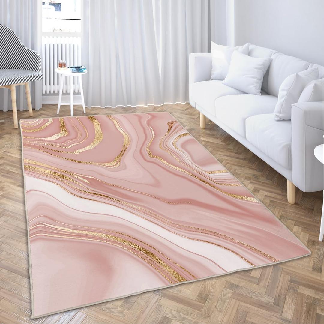 Ansouyi Non-Slip 5x7 ft Area Rugs, Washable Rug Carpet for Living Room, Pink with Gold Abstract Liquid Marble Home Decor Rugs for Game Room Classroom Bedroom Dining Kindergarten Room