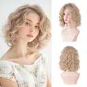 Short Ombre Ash Blonde Wavy Wig for Women 14 Inch Shoulder Length Curly Wavy Bob Wig Short Wavy Wigs Natural Looking Heat Resistant Synthetic Curly Wig for Daily Party Use (Ash Blonde, 14 inch)