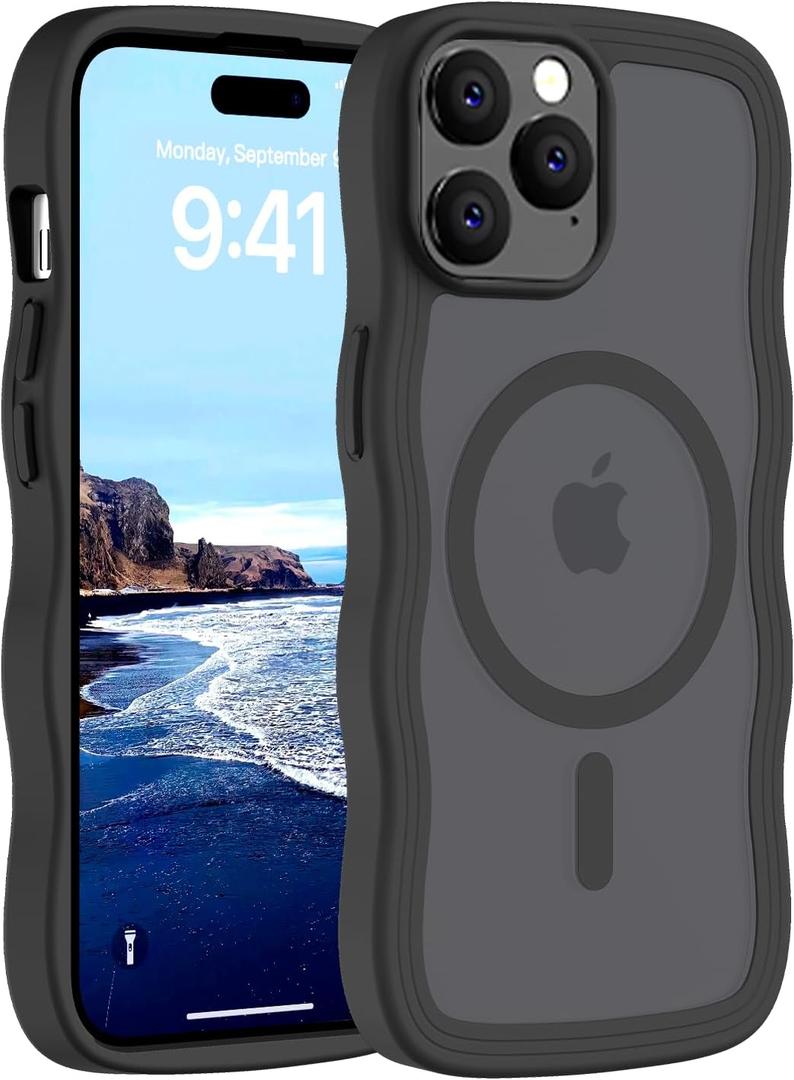 7 x Hualele Magnetic for iPhone 15 Pro Case, Compatible with MagSafe, Military Grade Dropproof Translucent Matte Back Cute Curly Wave Edge Slim Phone Case 15 Pro, Black