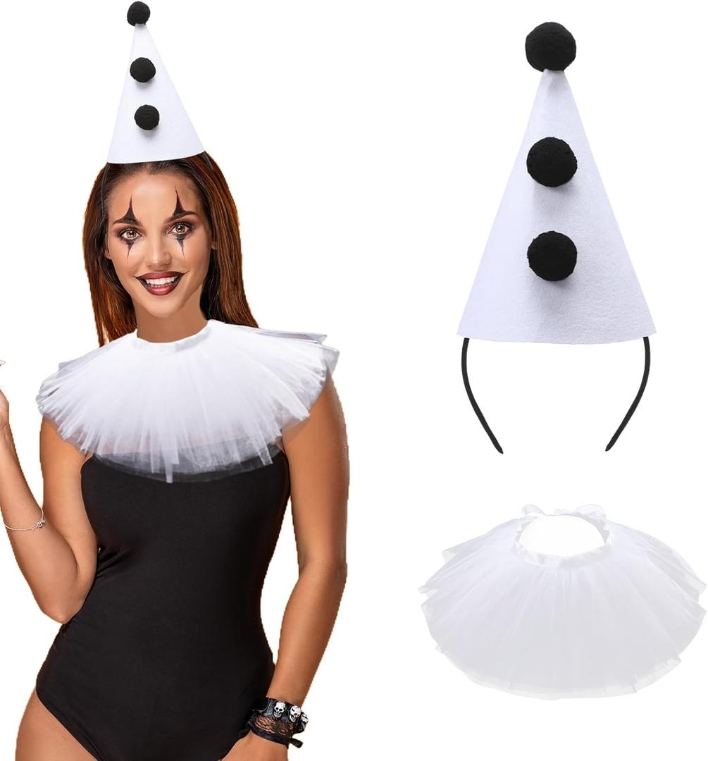 2 Pcs Halloween Clown Accessories for Women Pierrot Clown Hat Headband Jester Hat Vintage Clown Collar Ruffle Collar (Mix)