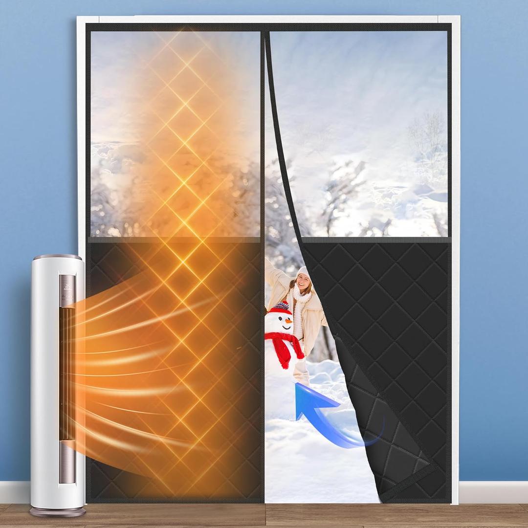 Magnetic Thermal Insulated Door Curtain, Fit Door Size to 72''X80'', Center Opening, Durable Oxford Cloth&Thicken Polyester Fiber Fill, Weatherproof, Windproof, Soundproof, Weighted Bottm (Black)