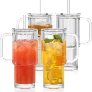 INSETLAN 24oz Ribbed Glass Tumbler with Handle & Lid 4-Pack Large Iced Coffee Cups with Straws, Modern Glass Mug for Cold & Hot Beverages, Aesthetic Travel Cup for Smoothies, Tea, and Juice