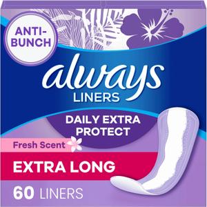 Always Daily Extra Protect Liners, Extra Long Length, Scented Panty Liners, Feel Clean and Comfortable for up to 10 Hours, 60 Count (Packaging May Vary)