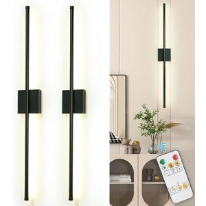 Depuley Wall Sconces Battery Operated: Set of 2 Wireless Wall Lights with Remote for Bedroom - Rechargeable 15 Colors Black Wall Lamp for Living Room Hallway Home Decor, 31.5 Inch Set of 2