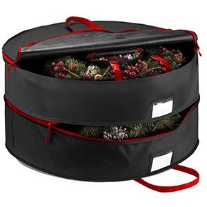 ZOBER Christmas Wreath Storage Container 36 Inch - Wreath Bag Fits 2 Wreaths Box - 600D Oxford Fabric - Interior Compartment for Storing Garlands, Wreaths Storage Bag W Strong Durable Handles - Black