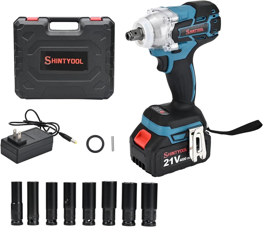 21v Cordless Impact Wrench, 4.0 Ah Battery Small Impact 300 Torque Ft-Lbs (400 N.M),1/2in Impact Wrench With Hog Ring Anvil And 8 Sockets