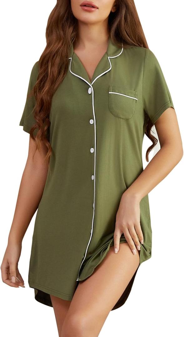 Pjmlifecoco Nightgown for Women Button Down Sleepshirt Short/Long Sleeve Nightdress Soft Modal Sleepwear (Medium, Jungle Green)