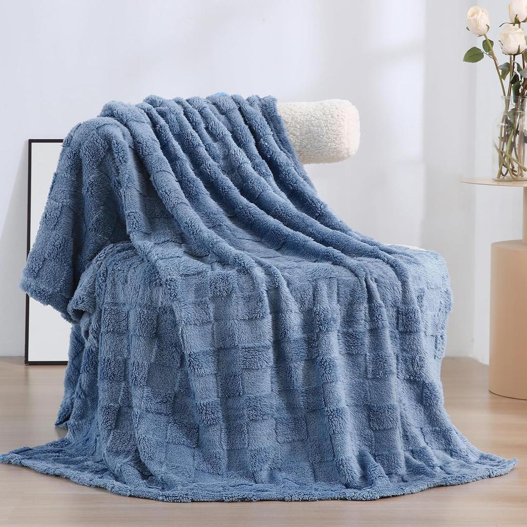 Dusty Blue Fleece Throw Blanket 5060 for Couch Sofa Bed,Super Soft Cozy Plush Microfiber Flannel Blanket with 3D Checkered Design Lightweight for Adults,Woman,Girls