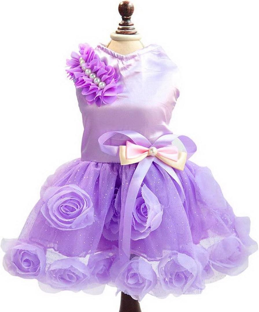 SMALLLEE_LUCKY_STORE Pet Small Dog Puppy Cat Clothes Coat Wedding Costume Satin Rose Formal Dress Tutu Purple Violet S