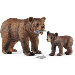 Schleich Wild Life - 4 PC Grizzly Bear Figure Toy Playset - Realistic Mom and Baby Brown Bear Cub Figurine with Fish for Kids and Toddlers - Educational Animal Toys for Boys and Girls Ages 3+ - 42473