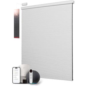 CINONEKO Motorized Cellular Shades with Remote,No Drill Smart Blackout Honeycomb Blinds, Cordless Automatic Electric Window Shade with Solar Panel, Alexa & Google, Rechargable, White 35" W x 64" H