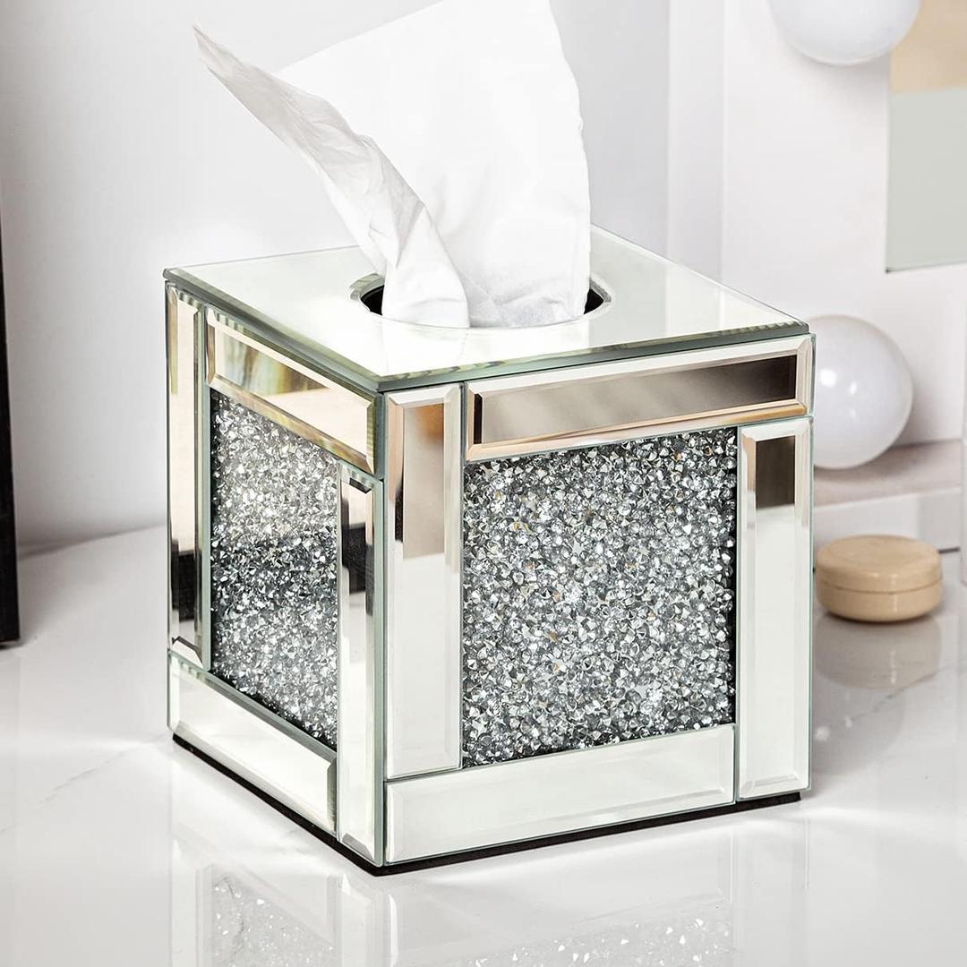 SHYFOY Mirrored Tissue Box Cover Holder, Square Glass Facial Tissue Holder with Crushed Diamond Crystals, Luxury Facial Paper Organizer Dispenser for Bathroom, Vanity Countertop, Tabletop, Silver