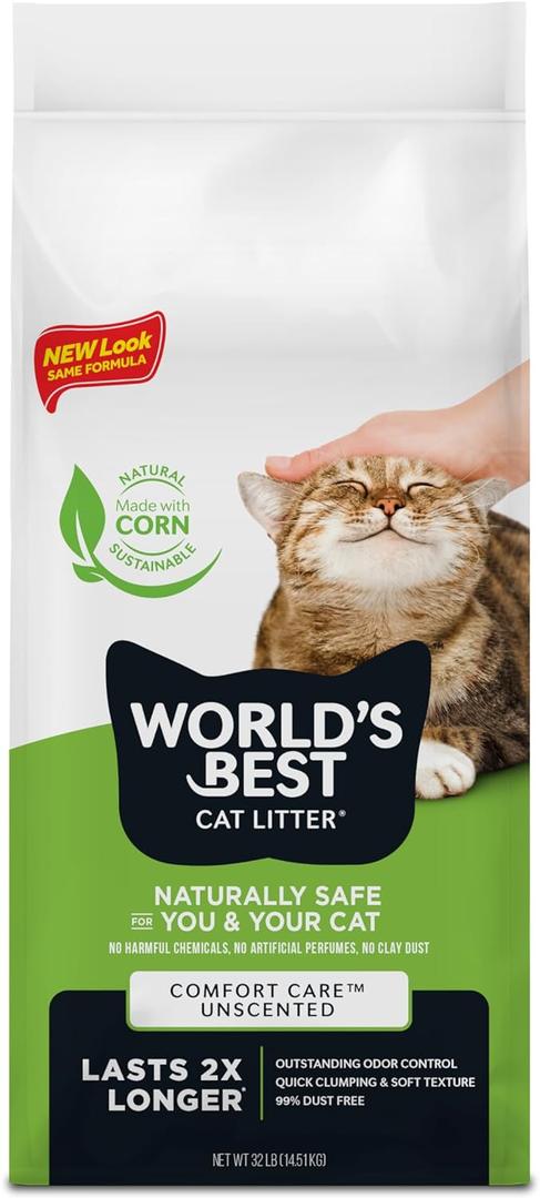 WORLD'S BEST CAT LITTER Comfort Care Unscented, 32-Pounds - Natural Ingredients, Quick Clumping, Flushable, 99% Dust Free & Made in USA - Long-Lasting Odor Control & Easy Scooping