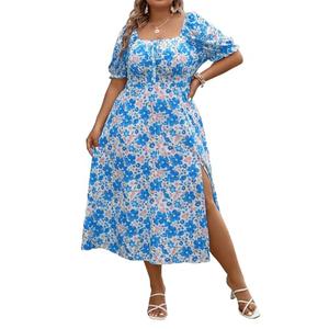 Floerns Women's Plus Size Floral Print Tie Front Square Neck Slit Hem Midi Dress Blue Flower XXXL 22