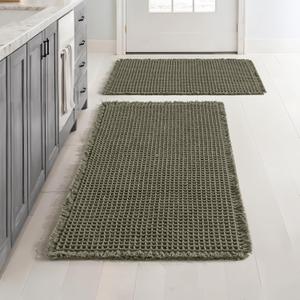 MIULEE Set of 2 Waffle Bathroom Rugs, Super Absorbent Non Slip Bath Rugs, Machine Washable Bath Mats with Tassels, Ultra Soft Rubber Backed Shower Mats for Bathroom Floor, Tub, Green, 17"x24"+18"x30"