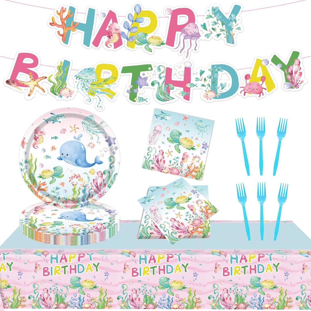 Ocean Birthday Party Decorations - Under The Sea Party Supplies for 20 Guests, Sea Turtle Birthday Decorations Includes Banner, Tablecloth & Tableware Set for Ocean Themed Party