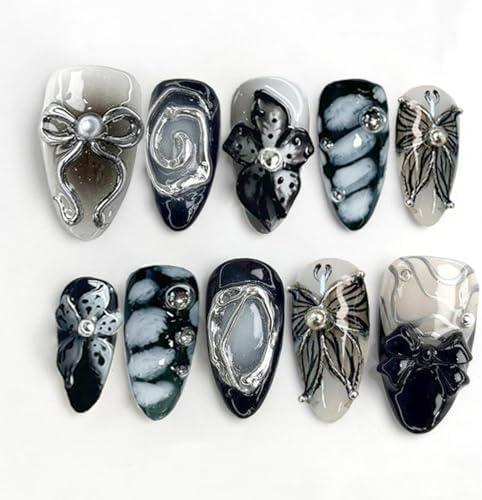 30pcs Y2k Metallic Handmade Black Press On Nails Medium Length Almond Fake Nails 3D Flowers, Silver Swirls, Bow & Butterfly Charms Dark Design Series Goth Punk False Nails Glue on Nails for Women