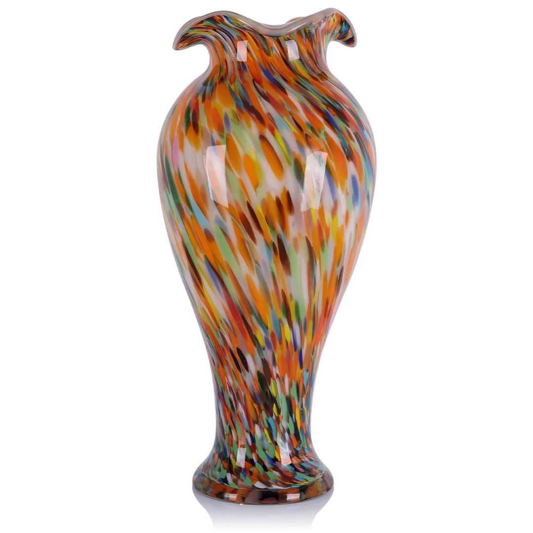 20in Tall Hand Blown Glass Vase Unique Ruffle Wide Mouth Vases, Elegant Modern Glass Flower Decorations Vase, Beautiful Colorful Vases for Home Living Room Bookshelves Wedding High End Centerpieces