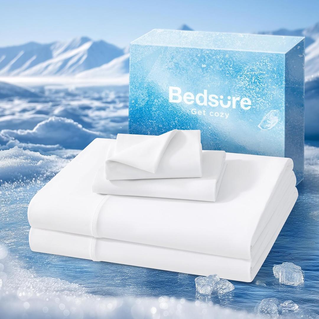 Bedsure Cooling Sheets Full Size, Cooling Bed Sheets for Hot Sleepers, Chill Cool Sheet, Deep Pocket Up to 18 Inches, Soft & Breathable Queen Sheet Set, 4 Pieces, White