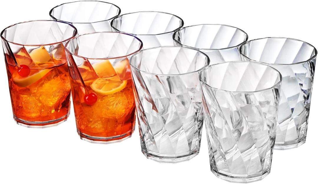 US Acrylic Optix Plastic Reusable Drinking Glasses (Set of 8) 14oz Rocks Cups in Clear | BPA-Free Tumblers, Made in USA | Top-Rack Dishwasher Safe
