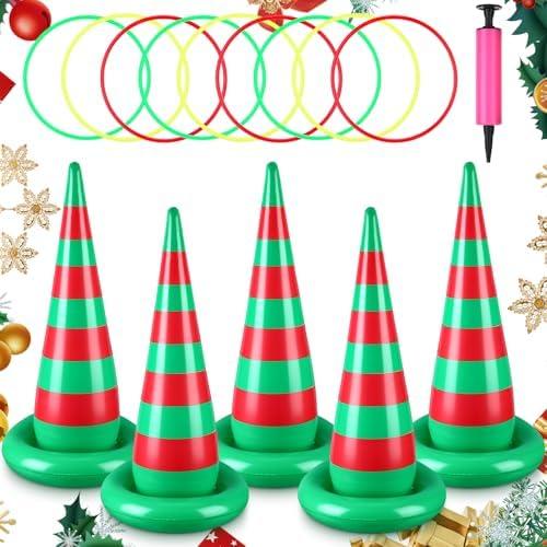 PullCrease 5 Sets Inflatable Ring Toss Games with 10 Toss Rings and Pump Fun Party Games for Families Gifts Indoor Outdoor Holiday Supplies Decorations