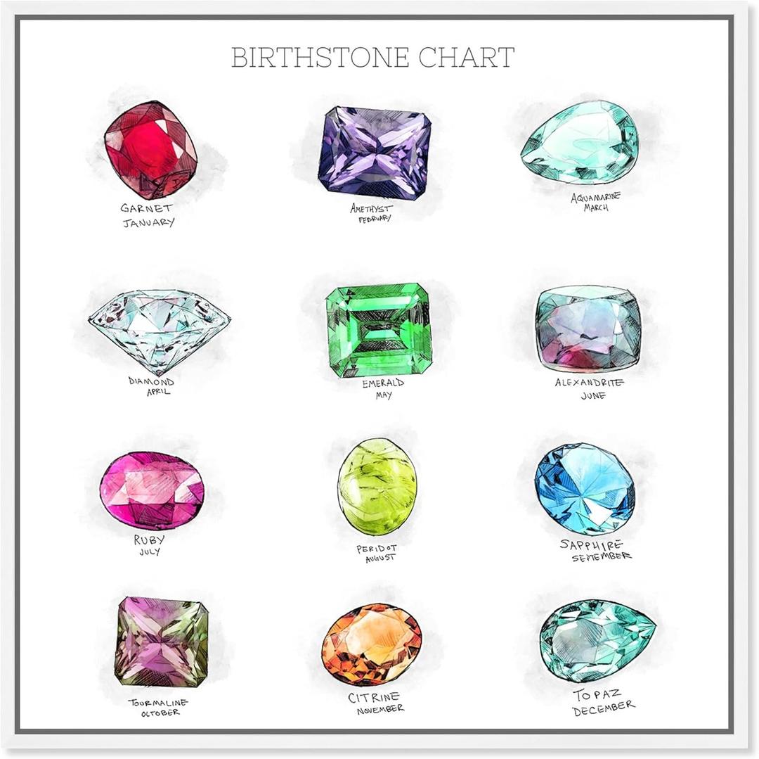 Oliver Gal Fashion and Glam Wall Art Framed Canvas Print 'Birthstone Chart' Jewelry (13L" x 13W", White Floater Frame)