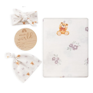 BabyWhale Muslin Swaddle Blanket with Hat and Headband Bow, Flower and Bear Print Swaddle Set for Baby Boys ＆ Girls, Soft Breathable Unisex Receiving Blanket Wrap, 47x47 inches