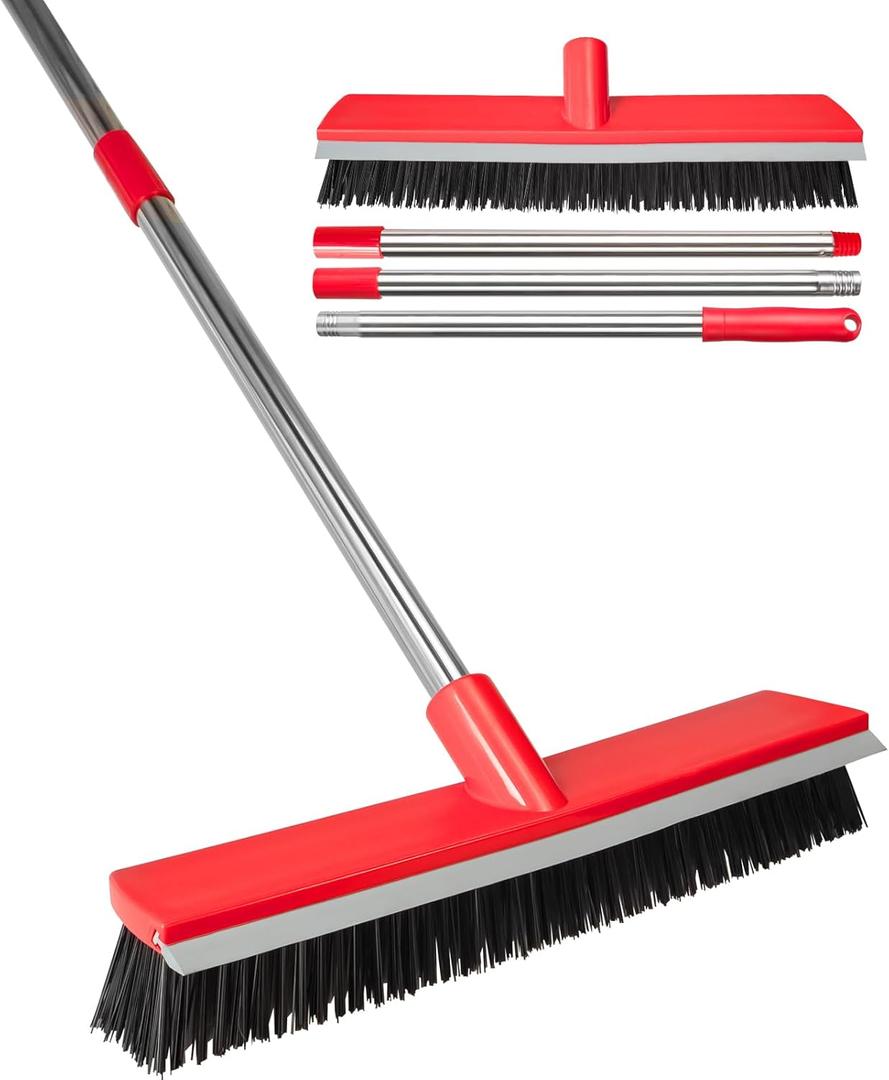 15.7 Inch Floor Scrub Brush Removable Stainless Steel Handle 2 in 1 Scrape Brush Stiff Bristle Shower Scrubber for Cleaning Patio Bathroom Garage Kitchen Wall Deck Tub Tile 52.4 inch Tall