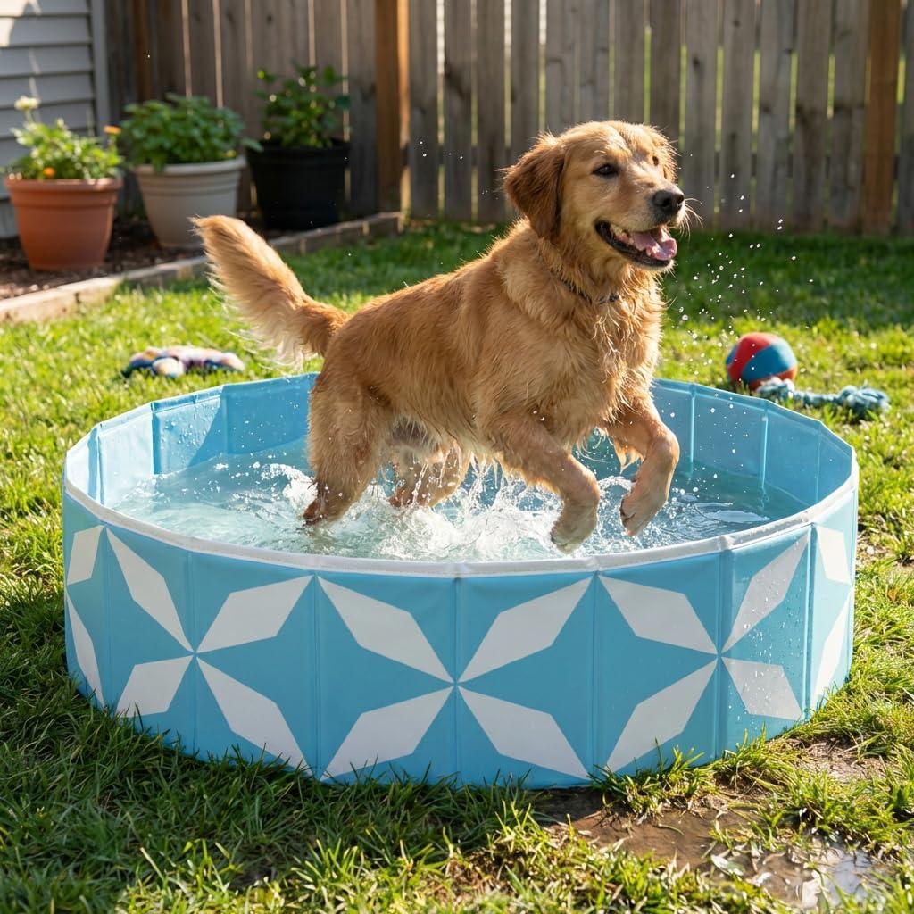 Foldable Dog Pool for Large Dogs, Kiddie Pool Hard Plastic Collapsible Dog Pool, Heavy Duty 0.5mm PVC with Non-Slip Bottom, Portable Kiddie Pool for Dogs, Pet Bath Tub for Backyard Summer, BL 47