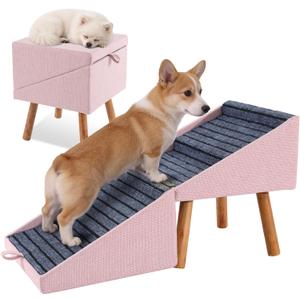 Dog ramp for Small Dogs, 2-in-1 Pet Steps & Ottoman - Foldable Dog ramp for Couch, Non-Slip Wooden Pet ramp for Puppy Senior Injured Dogs (Pink, XL(17.13H))