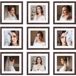 10x10 Picture Frame Set of 9, Display Pictures 8x8 with Mat or 10x10 without Mat, Multi Collage Gallery Square Photo Frames for Wall or Tabletop, Brown