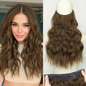 KooKaStyle Invisible Wire Hair Extensions with Transparent Headband Adjustable Size 4 Secure Clips Long Wavy Secret Wire Hairpiece for Women (16 Inch, Chestnut Brown)