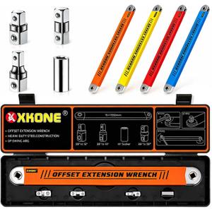 Offset Extension Wrench  Zero-degree Swing for Tight Spaces,3/8" Drive Socket Extender Tool with 1/4",3/8",1/2" Square Adapters and 1/4" Socket. (Large, Orange)