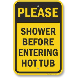 SmartSign 18 x 12 inch Please Shower Before Entering Hot Tub Sign, 2mm Thick Aluminum Composite, Pre-Drilled Holes, Made in USA, Black and Yellow