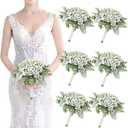 Wedding Artificial Bridesmaids Bouquets Set of 6- Faux Babys Breath White Fake Gypsophila Bouquet for Bridesmaid, Real Touch Small Bouquet for Bridesmaids Wedding Bridal Shower Centerpieces - 7 Inch
