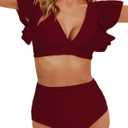 Women Ruffle High Waisted Swimsuit Two Piece Tropical Print Swimsuit Push Up Bathing Suit (Size Large, Wine Red)