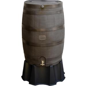 50-Gallon Rain Barrel, Flat Back Rain Water Collection Barrel, Stand Included, Walnut Color