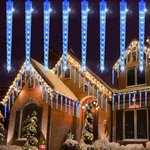WATERGLIDE 16 Icicles Meteor Shower Lights, 12" Outdoor Icicle Christmas Lights 384 SMD LED Crystal Ice Falling Light, Connectable Raindrop Iciclelight, Xmas Winter Party Tree Holiday Decor, Blue