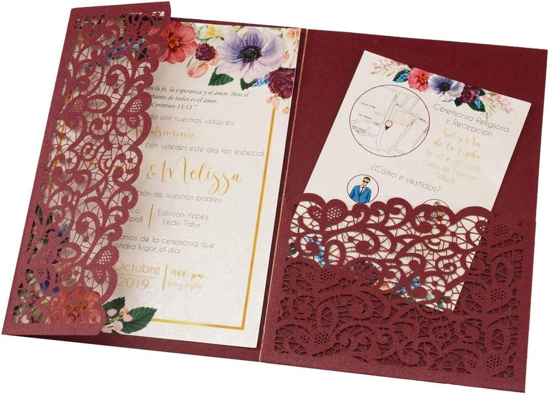 25pcs 5"x7.28" Burgundy Vintage Tri Fold Wedding Invitations Cards pocket Pearl Paper Laser Cut Hollow Carving Greeting invites Covers only no envelope no insert