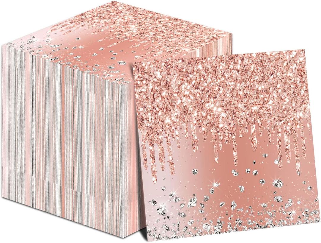 ZOIIWA 100 Pieces Rose Gold Birthday Napkins Pink Party Decorations Disposable Paper Napkins for Girls Women Sweet Diamond Theme Anniversary Wedding Baby Shower Favors Supplies