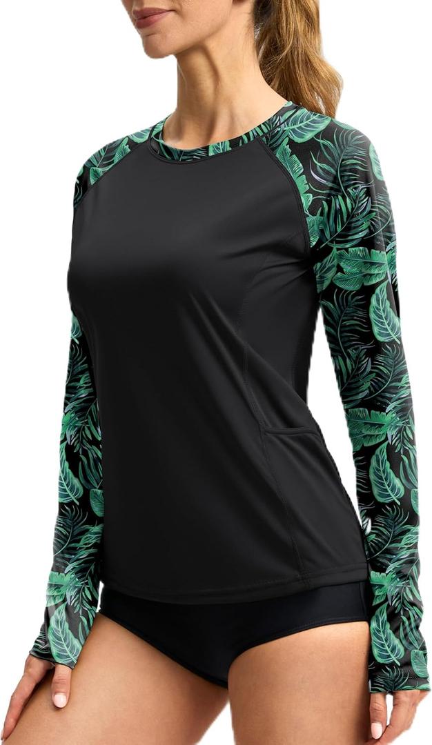 Viodia Rash Guard for Women UPF 50+ SPF UV Long Sleeve Shirts Sun Protection Quick Dry Hiking Swim Shirt with Pockets (XX-Large, Leaf)